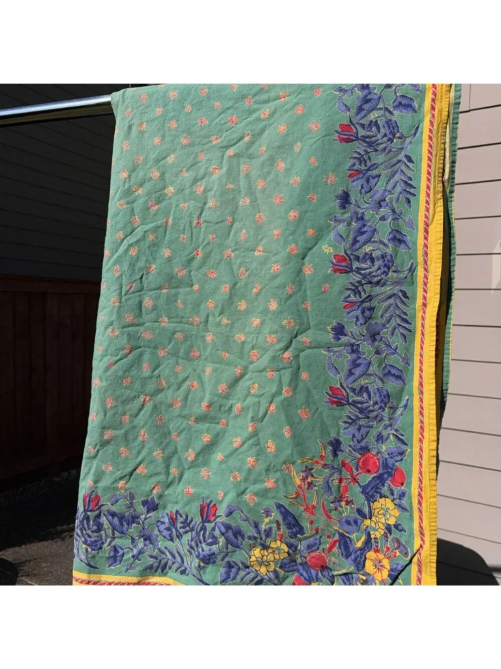 Vintage 90s Williams Sonoma Tablecloth Green Floral Fruit Provencal French